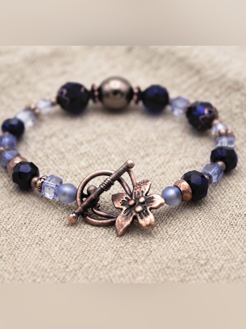 Handmade Blue Beaded Bracelet with Flower Toggle - Women Jewelry